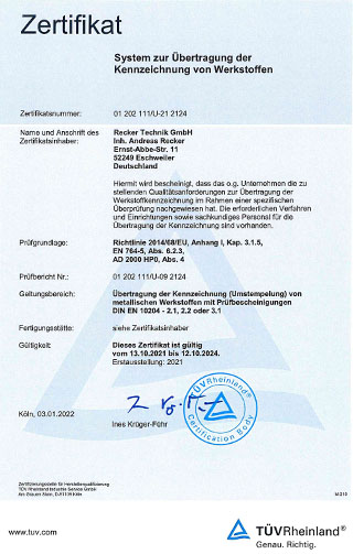 Vorschau von der PDF mit dem Zertifikat "System zur Übertragung der Kennzeichnung von Werkstoffen" von Recker Technik GmbH